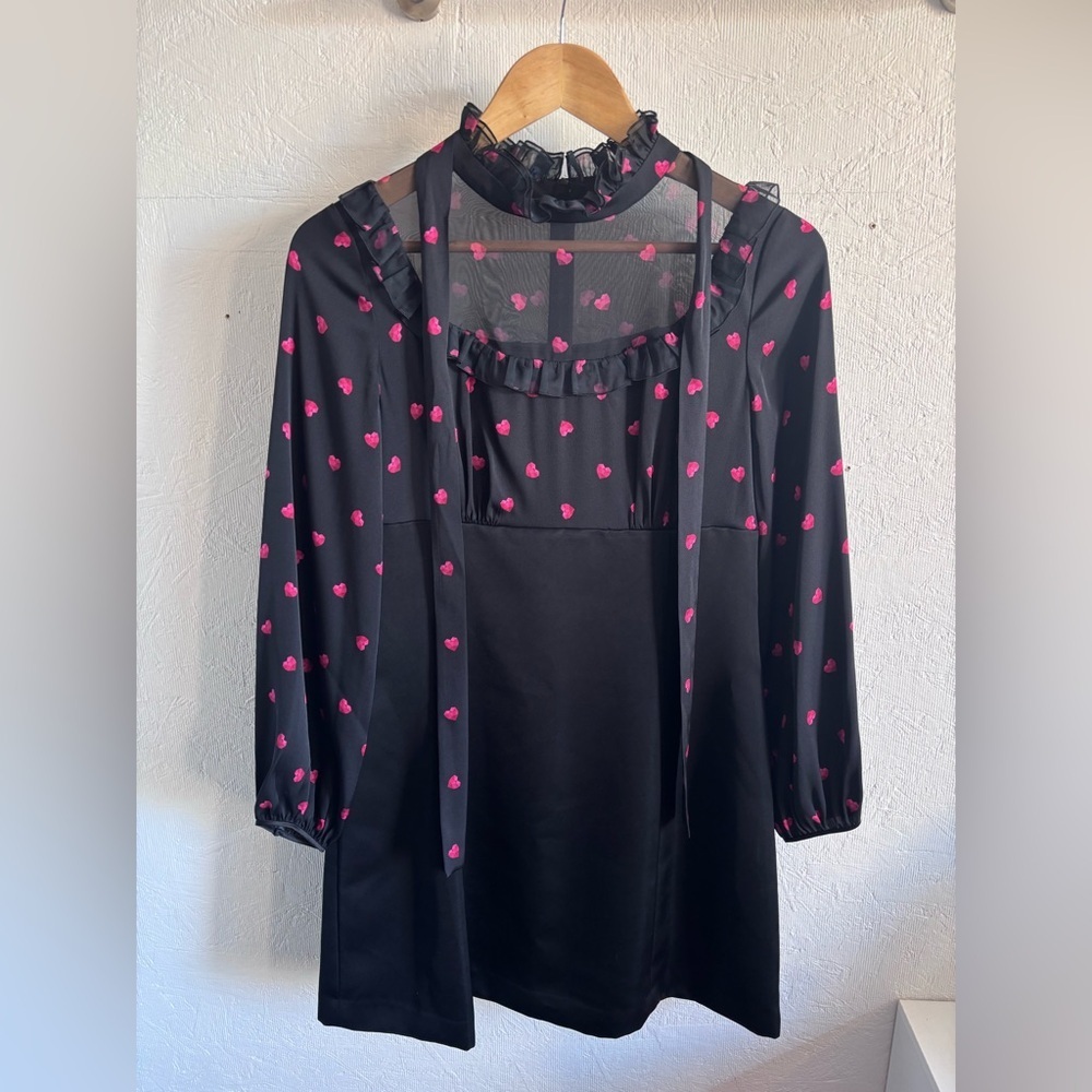 PORTS Silk Black Red Heart Pattern Long Sleeve Ruffle Bow Tie Mini Dress - Picture 6 of 14